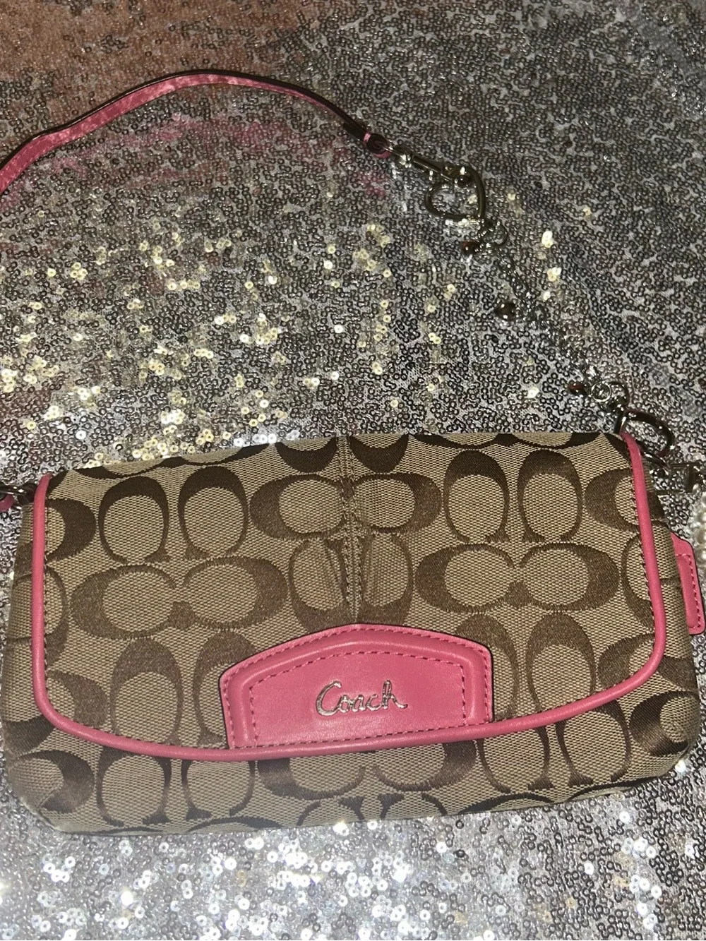 Coach Brown Signature Canvas Wristlet with Pink Trim
